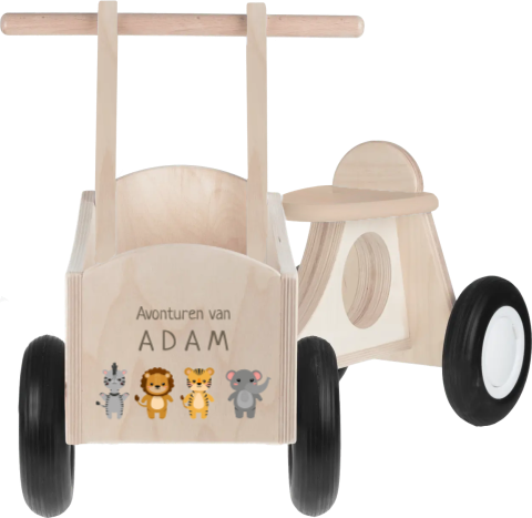 Houten bakfietsje met naam en safaridieren