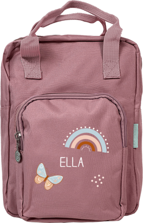 Rugzak classic met naam, vlinder en regenboor
