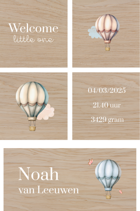 Houten blokken met naam en luchtballonnen