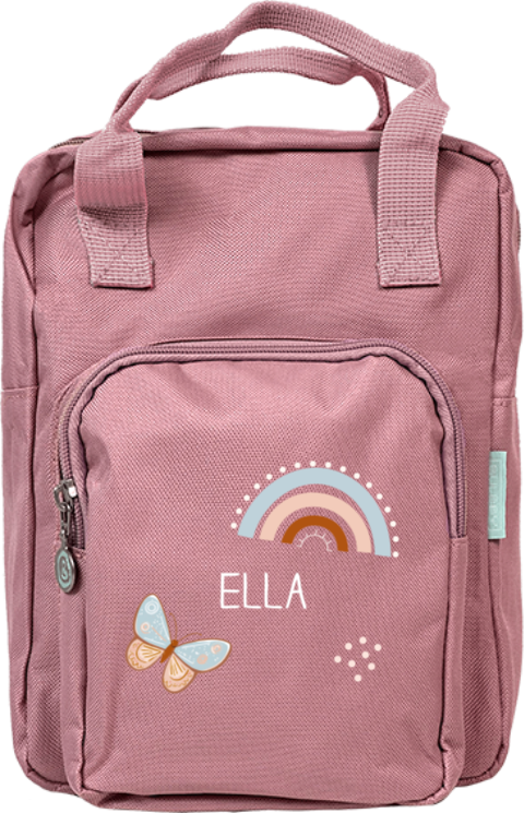 Rugzak classic met naam, vlinder en regenboor