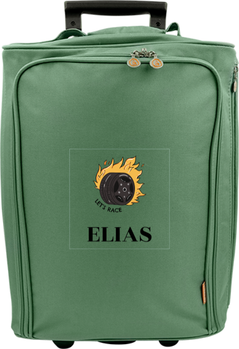 Reistrolley met illustratie van een wiel met vlammen en naam