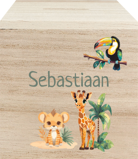 Houten spaarpot met naam en safari thema