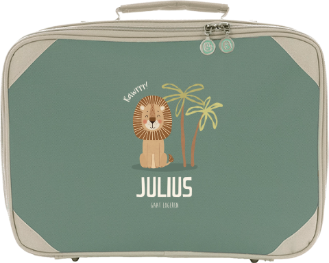Koffertje met naam en leeuw onder palmboom