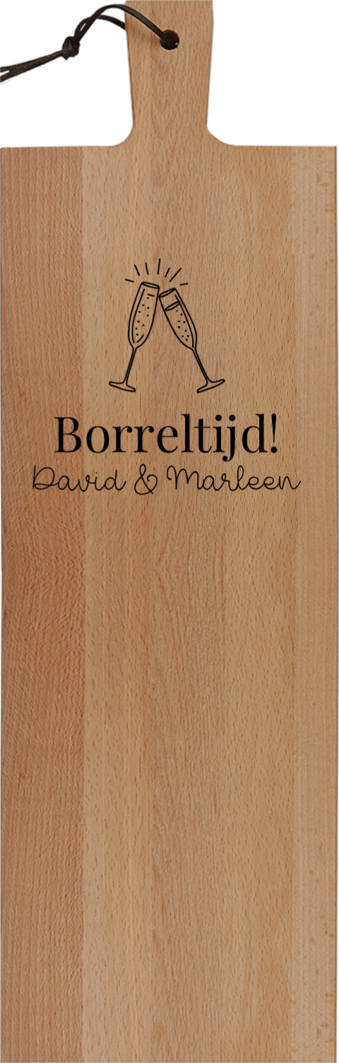 Borrelplank met naam en champagneglazen