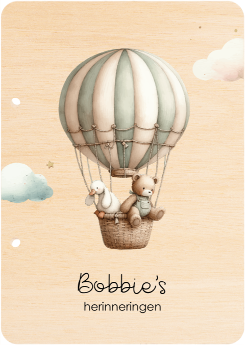 Houten bewaarbundel met naam en luchtballon