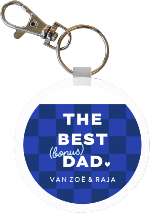 Sleutelhanger rond blauw met ruitjespatroon en tekst