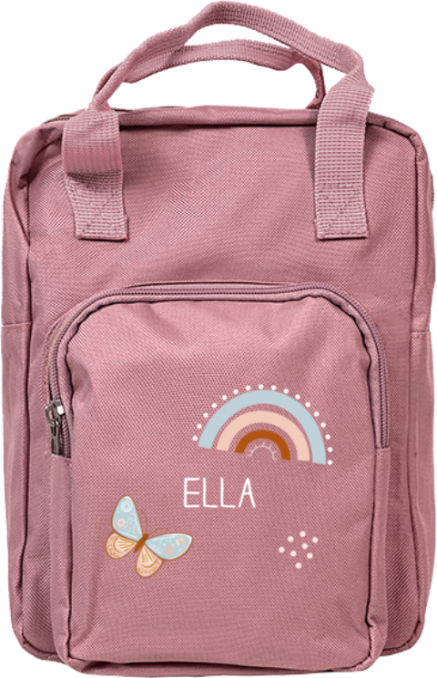 Rugzak classic met naam, vlinder en regenboor