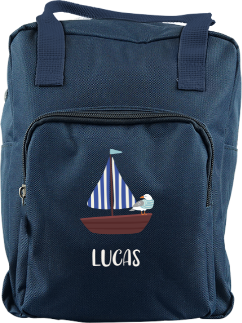 Rugtas classic met naam en zeilbootje met meeuw