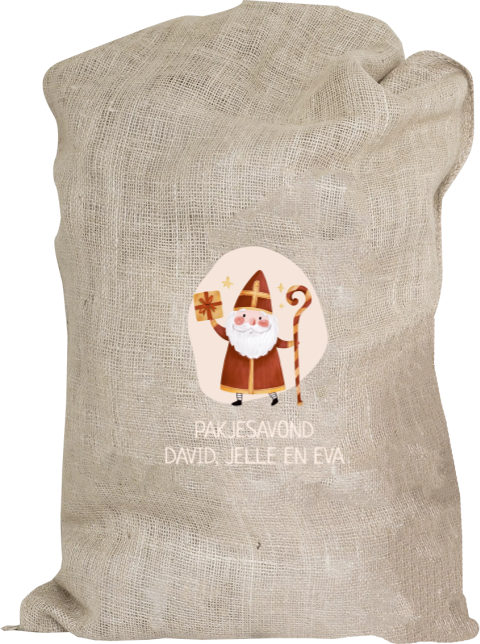Jute Sinterklaaszak met vrolijke illustratie van de Sint