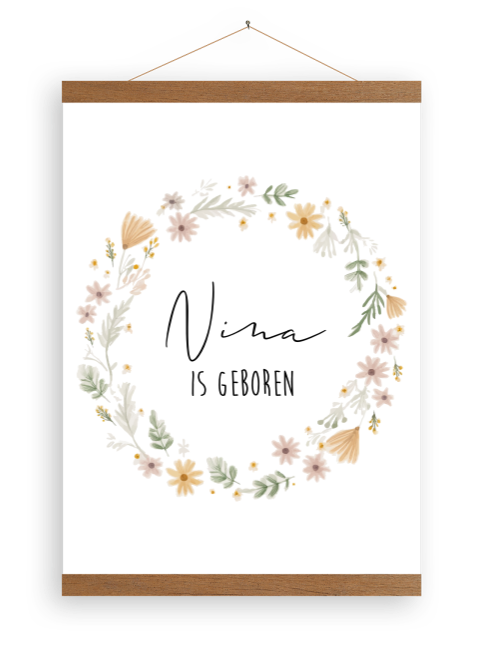 Canvas poster met naam en bloemenkrans