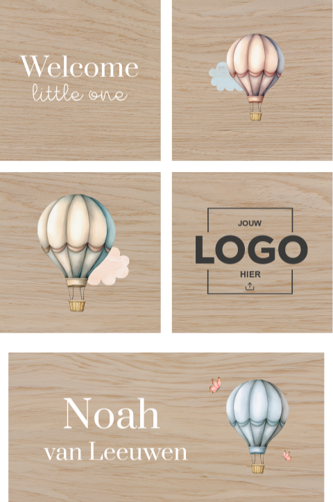 Houten blokken met naam, luchtballonnen en zakelijk logo