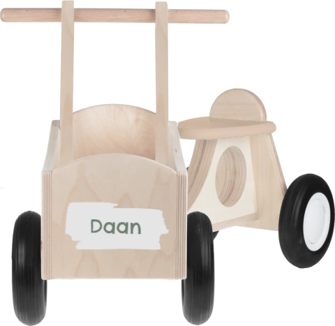 Houten bakfietsje met naam en penseelstreek