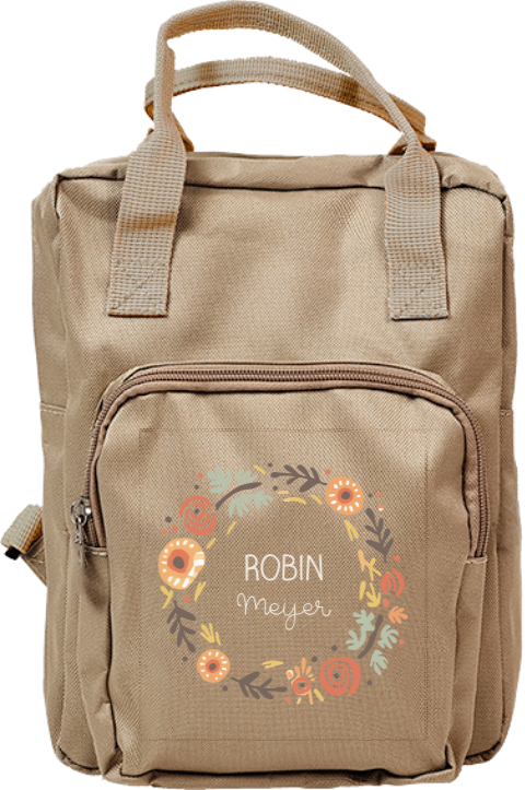 Rugtas classic met naam en bloemenkrans