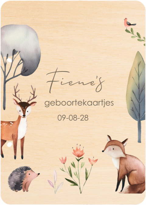 Houten bewaarbundel met naam en bosthema