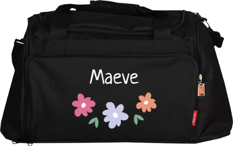 Sporttas met naam en drie bloemen