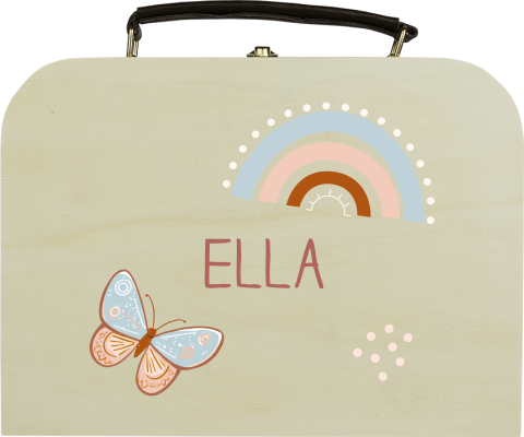 Houten koffertje met naam, vlinder en regenboog