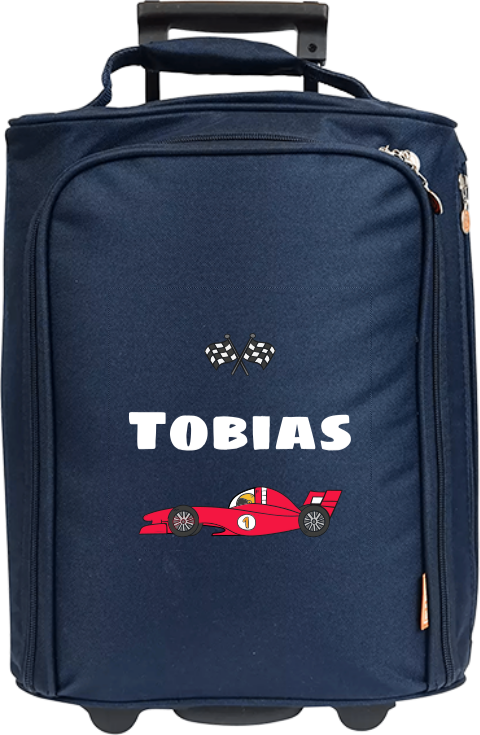 Kindertrolley met naam en rode raceauto 