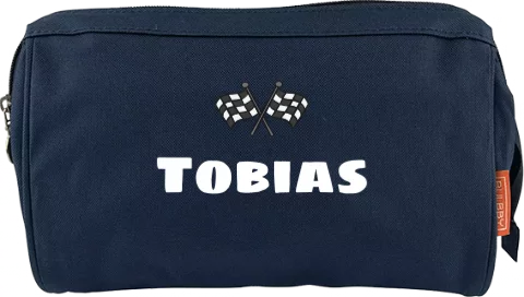 Toillettas met naam en racevlaggen