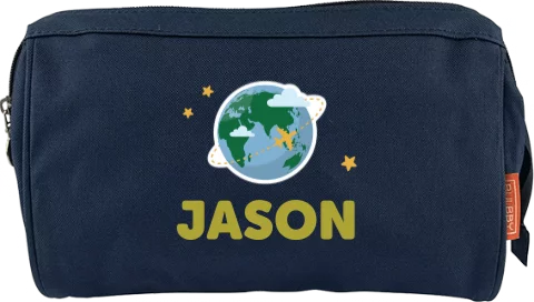 Toilettas met naam en wereldbol