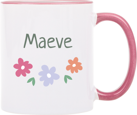 Mok gekleurd handvat met naam en drie bloemen