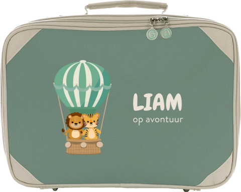 Koffertje met naam en safaridieren in luchtballon