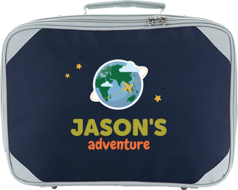Koffertje met naam en wereldbol