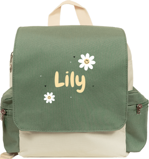 Rugtasje met naam, madeliefjes en hartjes