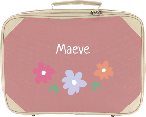 Koffertje met naam en drie bloemen