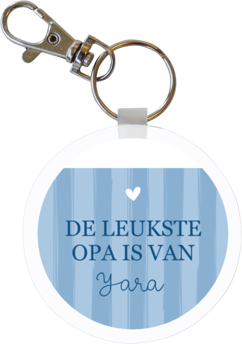 Sleutelhanger rond met streepjespatroon en tekst