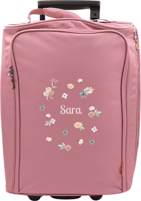 Reistrolley met naam en lentebloemen