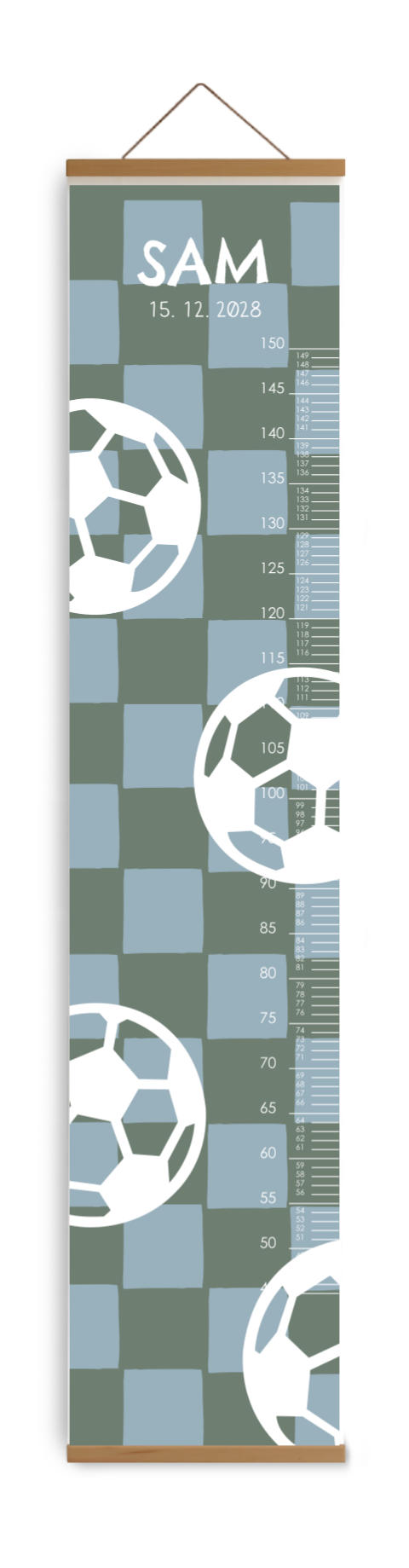 Stoere groeimeter met voetballen en geruite achtergrond