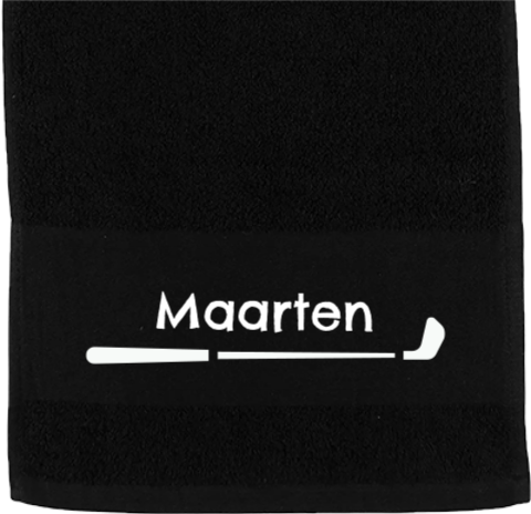 Golfhanddoek met naam en golfsticks