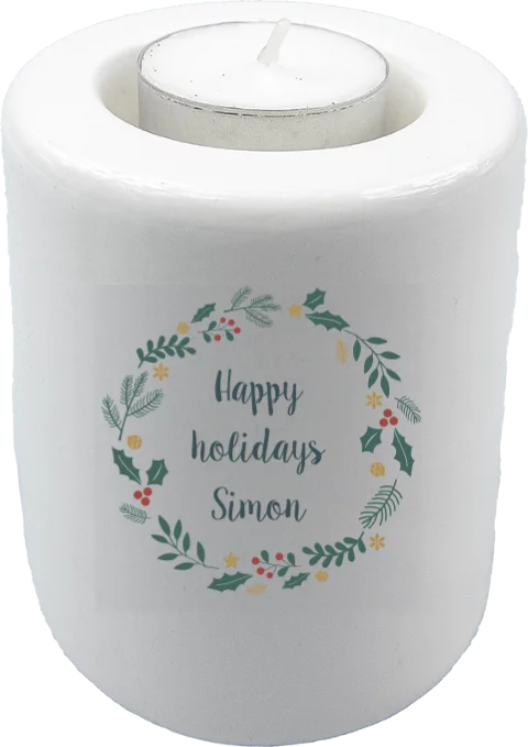 Waxinelichthouder met naam en bloemenkrans