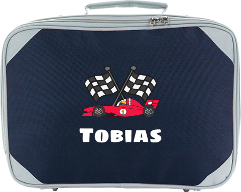 Koffertje met naam, rode raceauto en vlaggen