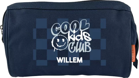 Toilettas met naam, graffiti en blokpatroon