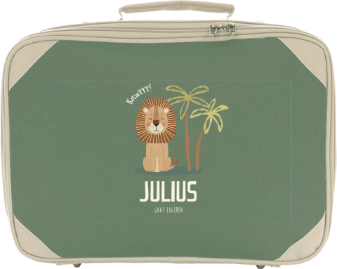 Koffertje met naam en leeuw onder palmboom