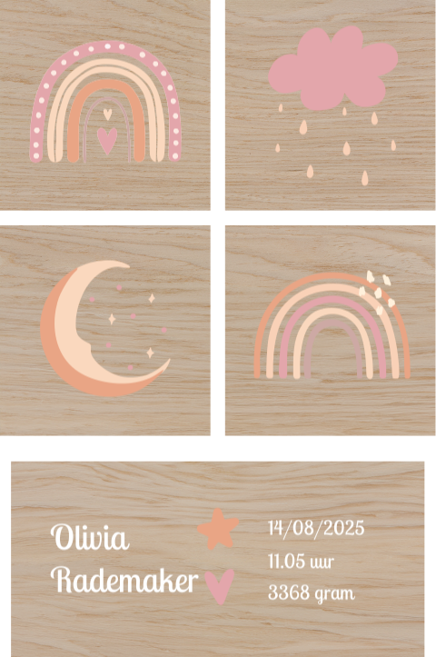 Houten blokken met naam en lieve afbeeldingen