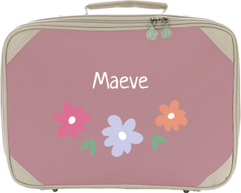 Koffertje met naam en drie bloemen