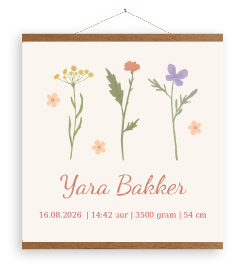 Canvas poster met naam en bloemen