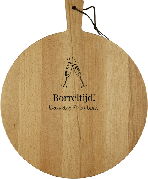 Ronde borrelplank met naam en drankglazen