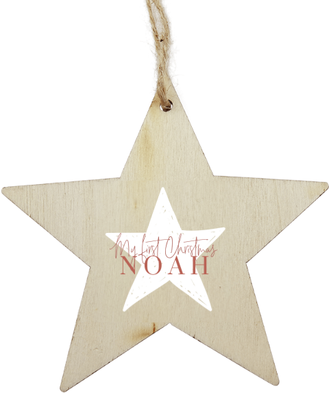 Houten kersthanger stervorm met naam en ster