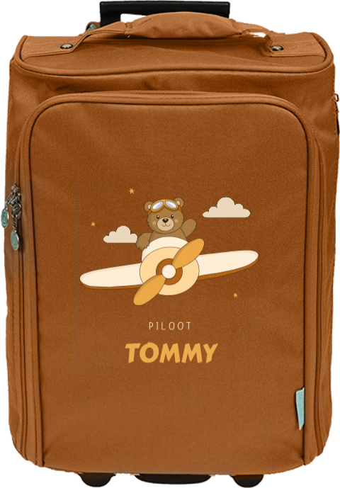 Kindertrolley met beertje in vliegtuig en naam