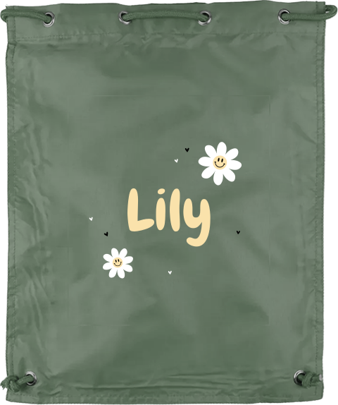 Gymtas met naam, madeliefjes met smileys en hartjes