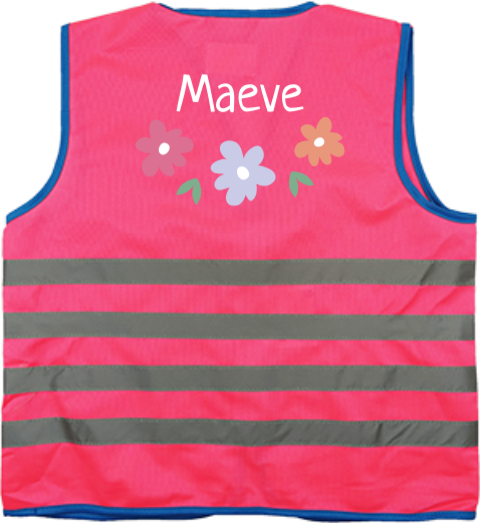 Veiligheidsvestje met naam en drie bloemen