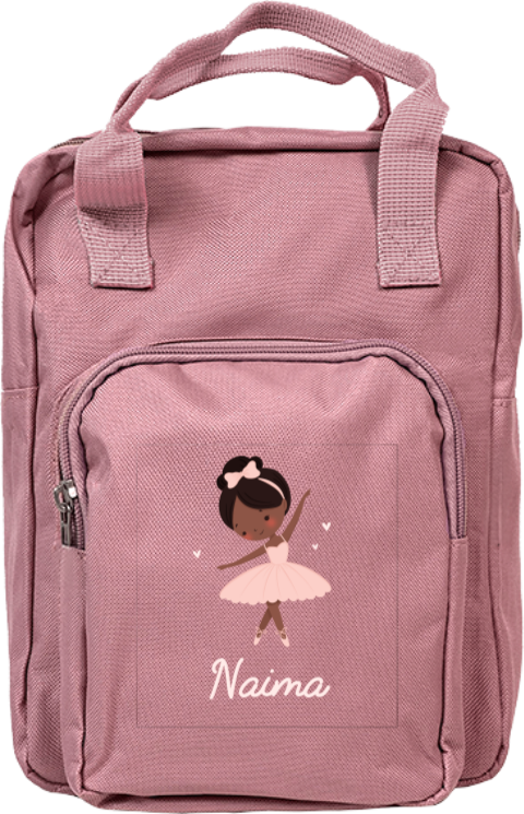 Rugzak classic met ballerina, lichtroze naam en hartjes