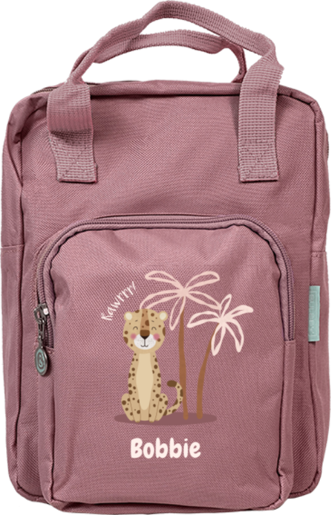 Rugtas classic met naam en luipaard