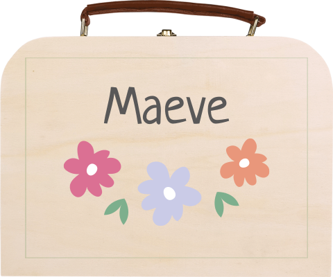 Houten koffertje met naam en drie bloemen