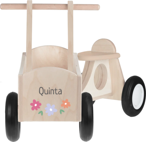 Houten bakfietsje met naam en drie bloemen