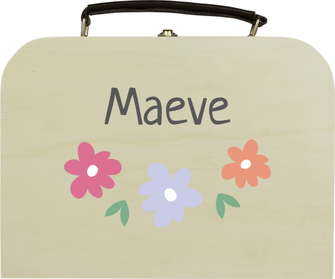 Houten koffertje met naam en drie bloemen