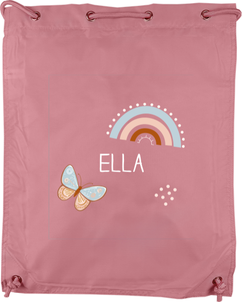Gymtasje met naam, vlinder en regenboog